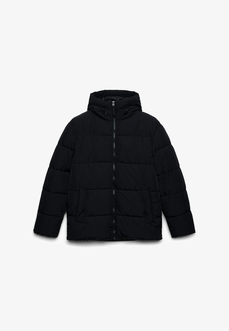 Giubbotto imbottito nero con cappuccio, sezioni trapuntate orizzontali, zip frontale e due tasche laterali. Realizzato in materiale leggero e resistente all'acqua.