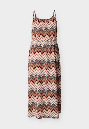 Dugačka haljina bez rukava s podesivim naramenicama, elastičnim strukom i cik-cak uzorkom u narančastoj, crnoj, bijeloj i svijetlo ružičastoj boji.