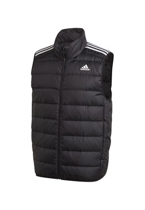 Czarna bezrękawnik puchowa Adidas z przednim zamkiem błyskawicznym, wysokim kołnierzem i białymi trzema paskami na ramionach.