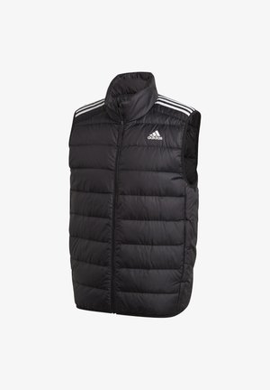 Sort Adidas ærmeløs dynevest med lynlås foran, høj krave og hvide tre-stribede detaljer på skuldrene.