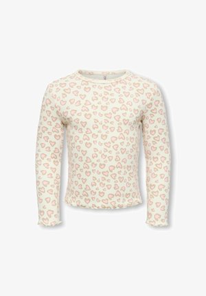 Camicia crema a maniche lunghe con motivo leopardato a forma di cuore rosa chiaro e beige, scollo rotondo e bordi arricciati su maniche e orlo.