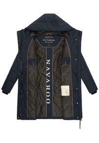 Navy padded jacket with a hood, featuring double front pockets, lightweight fabric, and white accents. Brand logo displayed prominently inside.