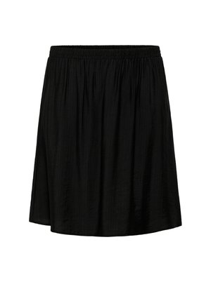 Black, mid-length skirt with a gathered waist and lightweight, textured fabric. Simple design, no visible patterns or accents.