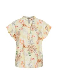 Blomsterkortærmet bluse i lys gul med flæseærmer, en henley-udskæring og en blanding af pink, orange og grønne blomstermønstre.
