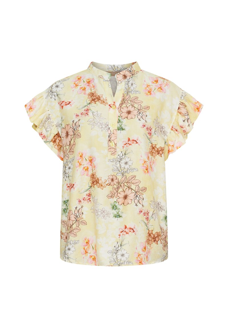 Blomsterkortærmet bluse i lys gul med flæseærmer, en henley-udskæring og en blanding af pink, orange og grønne blomstermønstre.