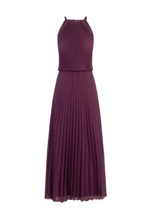 Vestido plisado en ciruela con parte superior sin mangas y escote halter, y una falda fluida de longitud hasta el tobillo. Tela suave y ligera.