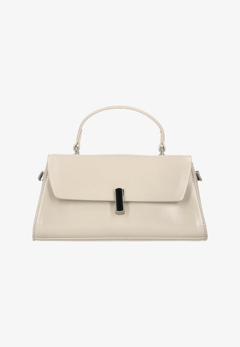 Beige Lederhandtasche mit strukturiertem Design, einem oberen Griff und einer flachen Klappe mit schwarzem Metallakzent.