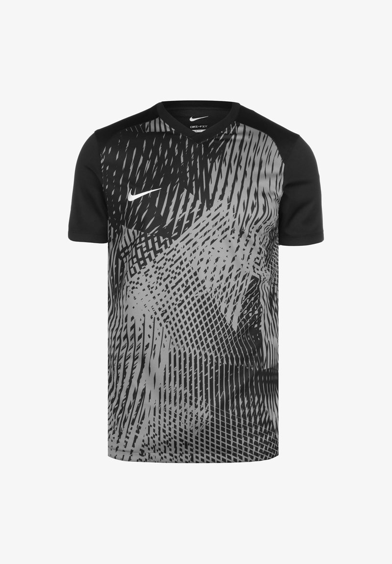 T-shirt Nike in nero e grigio con un motivo astratto dinamico, dotato di maniche corte e design a V. Realizzato in materiale leggero.