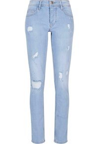 Világoskék farmernadrág slim fit szabásban, amely több kopott területtel és rojtos foltokkal rendelkezik, klasszikus ötpocket dizájn, és gombos záródás.