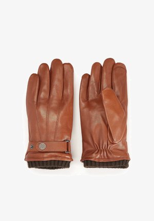 Braune Lederhandschuhe mit glatter Textur, featuring ein separates Daumenteil und einen dekorativen Bündchen aus gestricktem braunem Stoff mit einer Schnallen-Detaillierung.