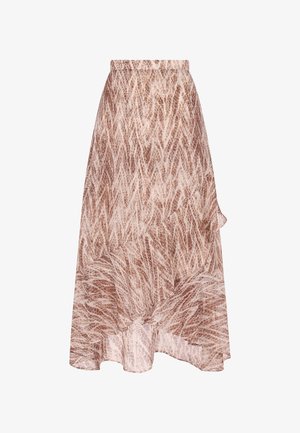 Brun mønstrede nederdel med et flydende design. Fremstillet af et let stof, der har bølgende lag og en let flæset kant.