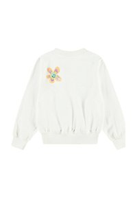 Witte sweatshirt met pofmouwen, geribbelde manchetten en zoom. Bevat een meerkleurig geborduurd bloemenontwerp op de achterkant.