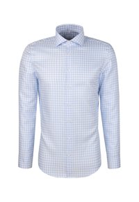 Camicia formale da uomo a maniche lunghe a scacchi blu chiaro e bianco con chiusura a bottoni e colletto aperto su sfondo bianco.