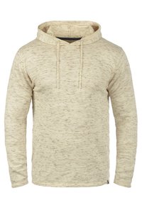 Hellbeige Kapuzenpullover aus strukturiertem Stoff mit einem gesprenkelten Muster. Verfügt über eine Kordelzugkapuze und lange Ärmel für bequemen Tragekomfort.