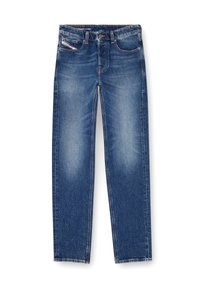 Jeans in denim blu medio con una finitura sbiadita. Presentano cinque tasche, passanti per la cintura e una vestibilità dritta. Sono visibili dettagli di cucitura.