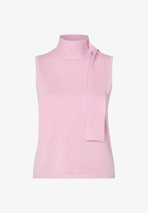 Sleeveless light pink knit top with a high neck and a long fabric detail hanging from one shoulder on a white background.