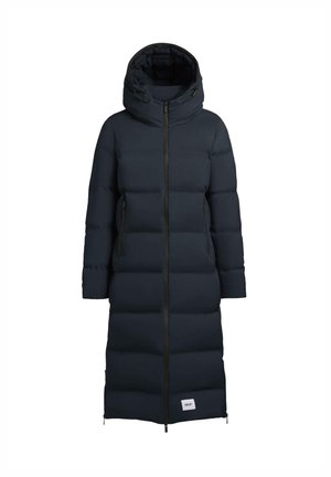 Marinblått puffjacka med hög krage och huva, med dragkedja framtill och två sidofickor, designad i en lång, vadderad silhuett.