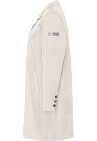 Licht beige lange jas met een enkelgebreid ontwerp, voorzien van een geknipt kraag, twee zijzakken en vijf knoopaccenten op de mouw.