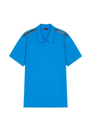 Polo a maniche corte azzurro brillante con tre bottoni e dettaglio a righe bianche e nere sulle spalle.