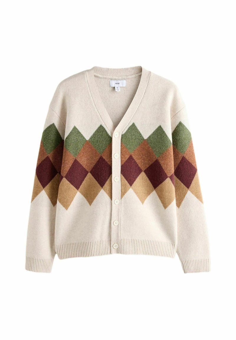 Kreemist kardiganist, millel on V-kaelus, nööbid ja argyle-muster rohelise, pruuni ja burgundi värviga. Kootud tekstuur ribidega mansettidega.