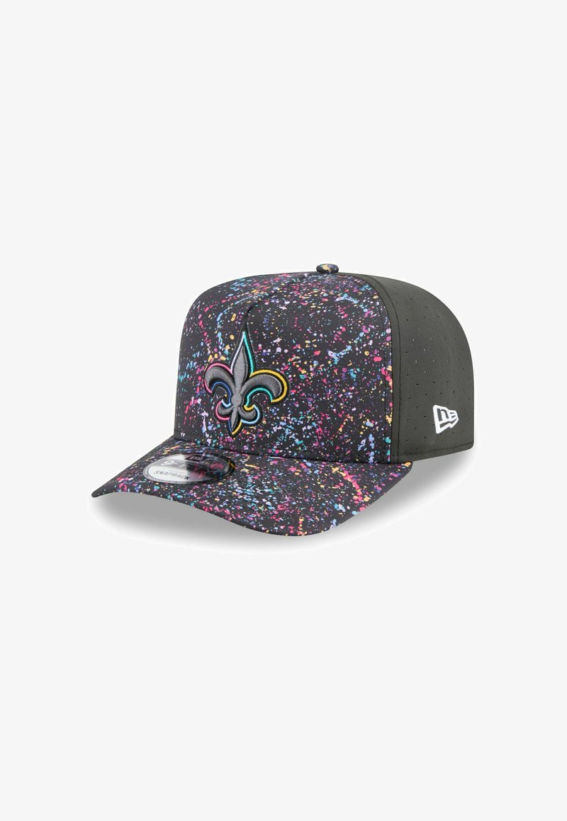 Black cap with colorful splatter pattern, featuring a prominent embroidered fleur-de-lis logo and a solid black textured brim.
