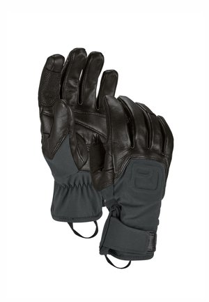 Pair of black winter gloves with leather palms and fabric cuffs, featuring wrist straps and elastic wrist detailing.