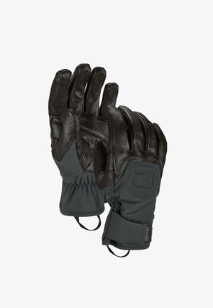 Paar schwarze Winterhandschuhe mit Lederhandflächen und Stoffbündchen, mit Handgelenksriemen und elastischem Handgelenksdetail.