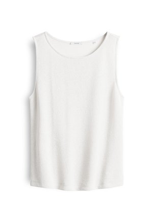 White sleeveless top with a round neckline, textured fabric, and no visible seams. Simple, clean design suitable for layering.