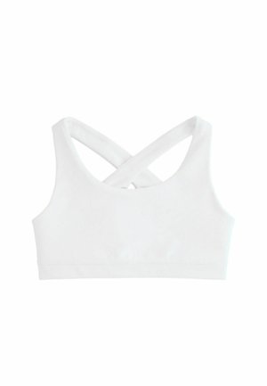 Weißer Sport-BH mit breiten, gekreuzten Trägern auf der Rückseite und einer glatten, nahtlosen Oberfläche.