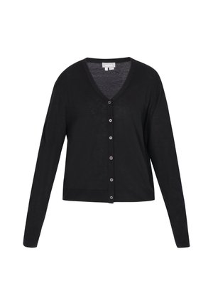 Cardigan nero a maniche lunghe con bottoni, scollatura a V e polsini aderenti, mostrato su sfondo bianco.