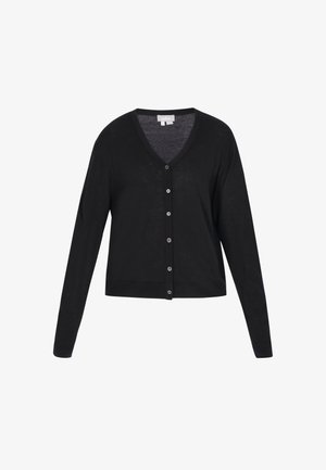 Czarny rozpinany kardigan z długim rękawem, dekoltem w serek i dopasowanymi mankietami, prezentowany na białym tle.