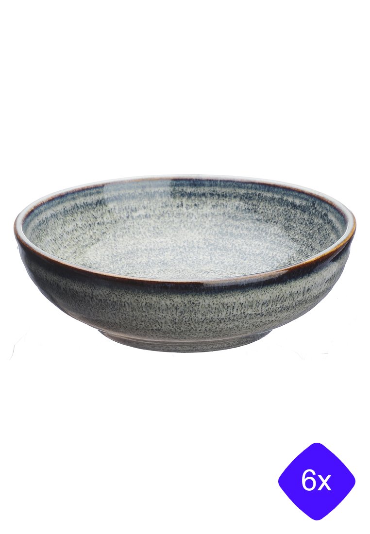 Cuenco de cerámica redondo con un esmalte azul-gris moteado, borde estrecho y textura suave. Bordes ligeramente acampanados. Adecuado para diversos usos.