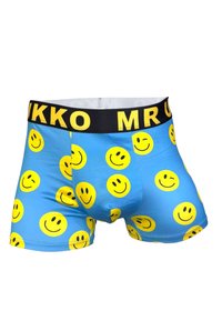 Calzoncillos boxer azules con una cinturilla negra que presenta los logotipos "MR" y "UKKO", adornados con patrones de caritas sonrientes amarillas en toda su superficie.