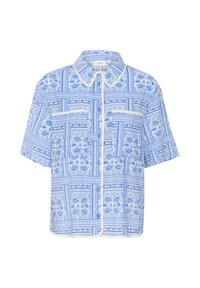 Košeľa s krátkym rukávom, na gombíky, svetlomodrej farby, s kvetinovým a geometrickým vzorom, s bielym lemom a dvoma prednými vreckami.