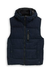 Vest padding bleumarin, cu glugă, închidere cu fermoar și două buzunare laterale. Țesătură texturată cu căptușeală interioară netedă și șnururi ajustabile.