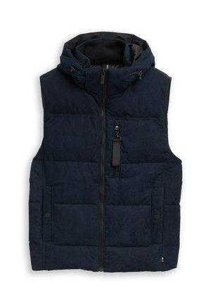 Marintröja i navyblått med vaddering och huva, dragkedjestängning, samt två sidofickor. Strukturerad tyg med en slät innervadding och justerbara snörr.