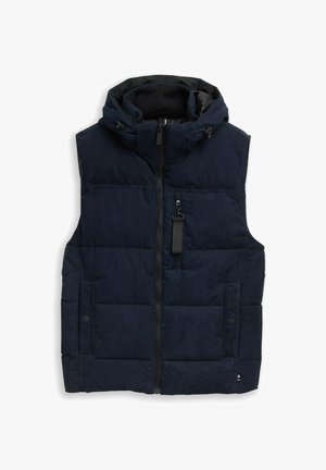 Marineblauwe gewatteerde vest met capuchon, ritssluiting en twee zijzakken. Gestructureerde stof met een gladde binnenvoering en verstelbare trekkoorden.