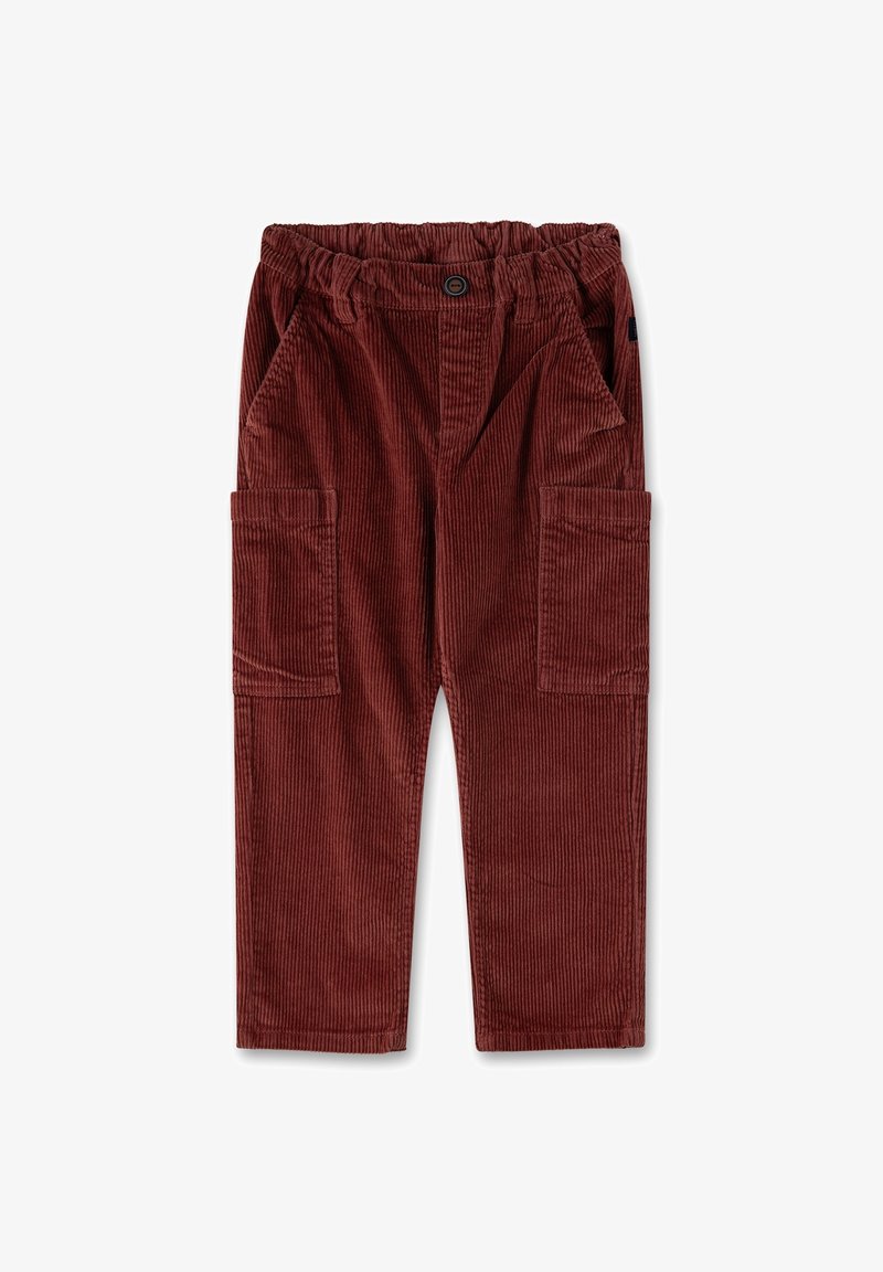 Pantalon en velours côtelé rouge foncé avec une ceinture élastique, fermeture par bouton, deux poches avant et deux grandes poches cargo sur les jambes.
