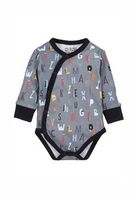 Grå langærmet bodysuit med et farverigt alfabettryk. Sort kant og trykknapper fuldender designet, lavet af 100% økologisk bomuld.
