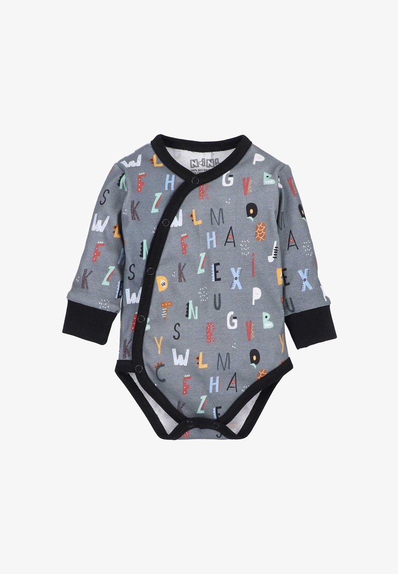 Grå langærmet bodysuit med et farverigt alfabettryk. Sort kant og trykknapper fuldender designet, lavet af 100% økologisk bomuld.