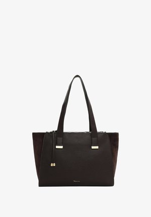 Dark brown leather tote bag with double handles, gold hardware accents, and small logo on front center.