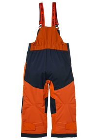 Oranži ja tumesinised veekindlad üleüldised, elastsete õlapaeltega, läbilaskmatud velcro pannalatega ja tugevdustega põlvedes. Tekstuuriga kangas.