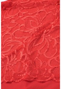 Red lace fabric with floral patterns, featuring a sheer overlay and smooth texture against a solid red background.