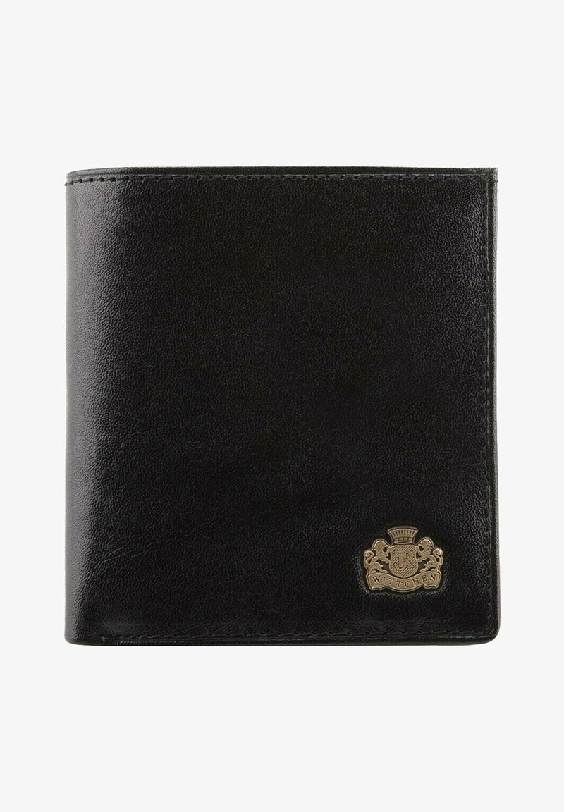 Zwarte leren portemonnee met een gestructureerd oppervlak, bi-fold ontwerp en een gouden embleem in de onderste hoek. Eenvoudige stiksels langs de randen.