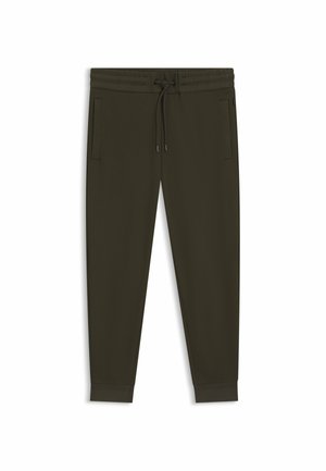 Dark green jogger pants made of soft fabric, featuring an elastic waistband with drawstring, side pockets, and tapered cuffs.