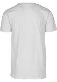 Tricou alb simplu, cu mânecă scurtă și guler rotund, prezentat din spate pe un fundal alb.
