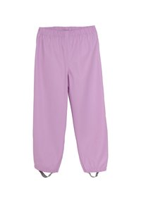 Lila vattentäta byxor med elastisk midja. Har en justerbar rem vid anklarna och en slät, blank yta.