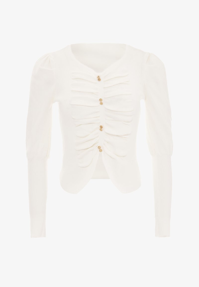 Weißer gerippter Cardigan mit taillierter Form, gerafften Details an der Vorderseite und drei goldfarbenen Knöpfen zum Schließen. Lange Ärmel mit gepufften Schultern.