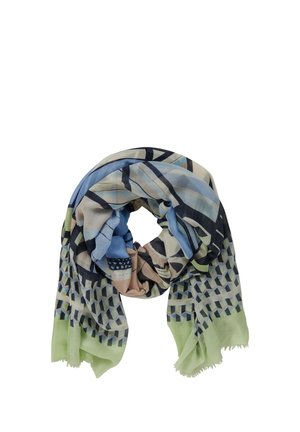 Écharpe légère présentant un mélange de couleurs bleu, vert et beige avec des motifs géométriques. Texture douce et bords frangés.