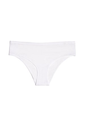 Weiße nahtlose Damen-Bikini-Unterwäsche mit glattem Stoff und elastischem Bund, flach auf einem weißen Hintergrund präsentiert.